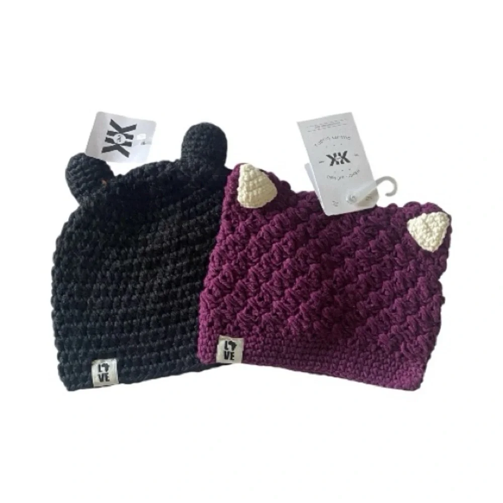 NWT-KROCHET KIDS- 2 Kids Knitted Bear and Cat Ear Beanies - Black and Purple